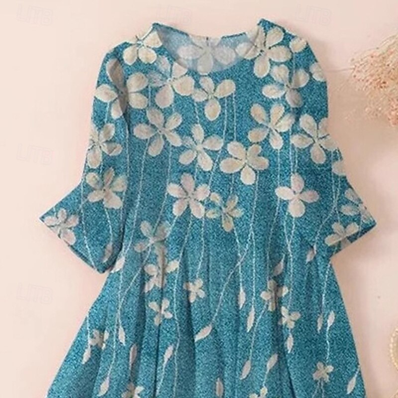 Women's Midi Dress Casual Dress Floral Dress Fashion Modern Daily Beach Weekend Regular Fit Flower 3/4 Length Sleeve Crew Neck Blue Spring Fall2