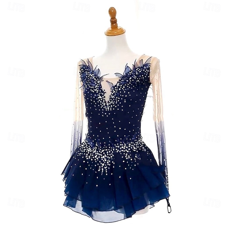 Figure Skating Dress Women's Girls' Ice Skating Dress Navy Blue Open Back Asymmetric Hem Mesh High Elasticity Training Competition Skating Wear Classic Crystal / Rhinestone Long Sleeve Ice Skating Figure4