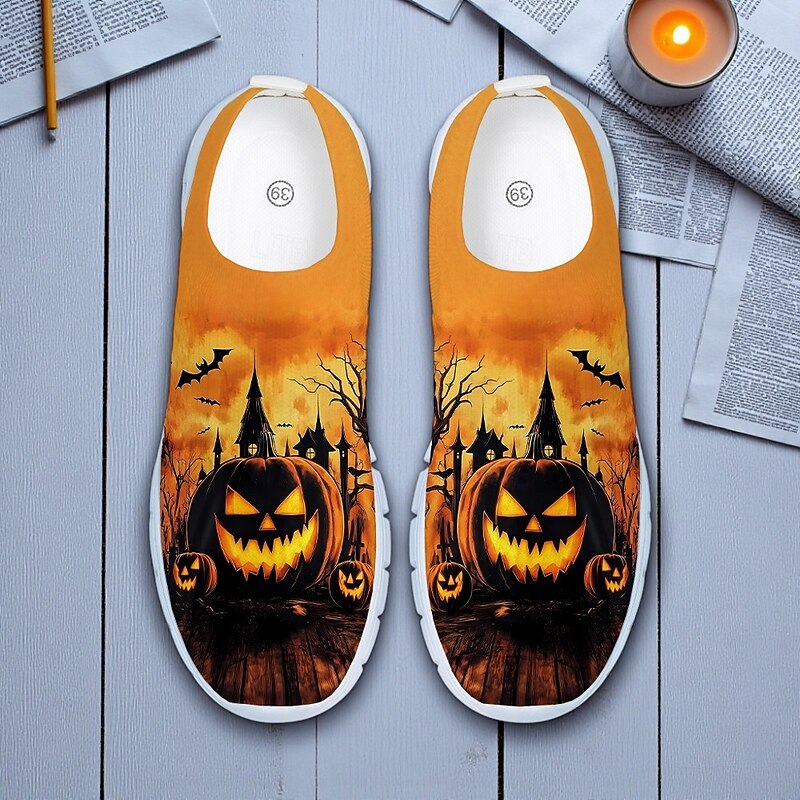 Men's Orange Flyknit Slip-On Sneakers with Haunted House Pumpkin Print – Casual Halloween Festival Shoes for Night Party, Cosplay and Outdoor Events3