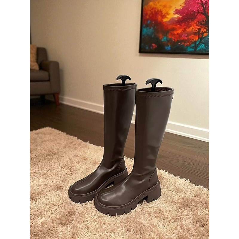Women's Mocha Brown Knee High Riding Boots with Chunky Lug Sole - Fashion Casual Shoes for Urban Street Style and Everyday Wear2