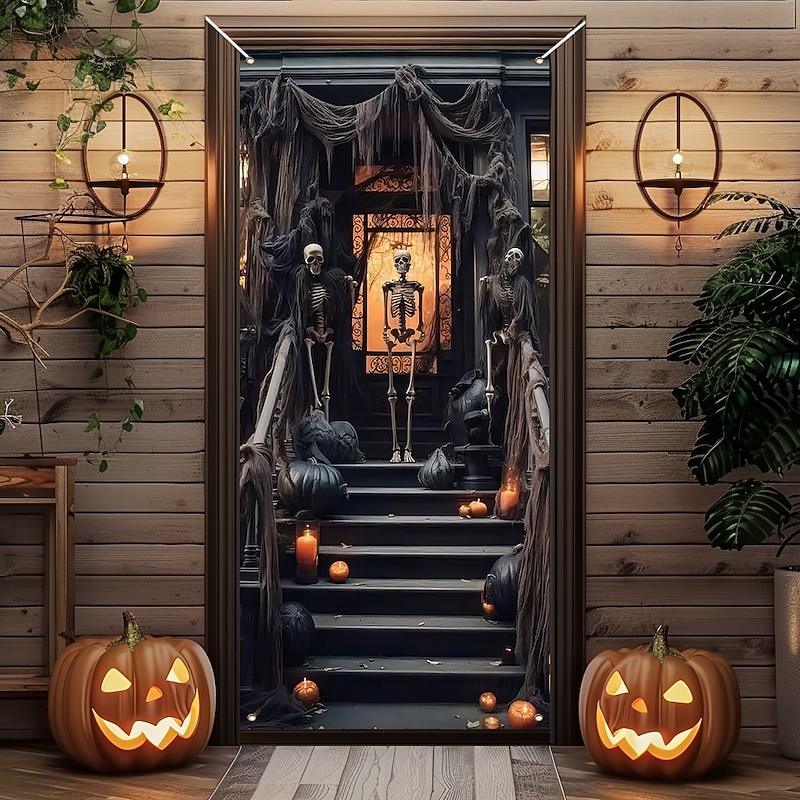 Halloween Door Cover Outdoor Banners Skeleton 3D Psychedelic Dark Punk Gothic Style Party Outdoor Shooting Backgrounds Front Door Wall Porch Home Decor3