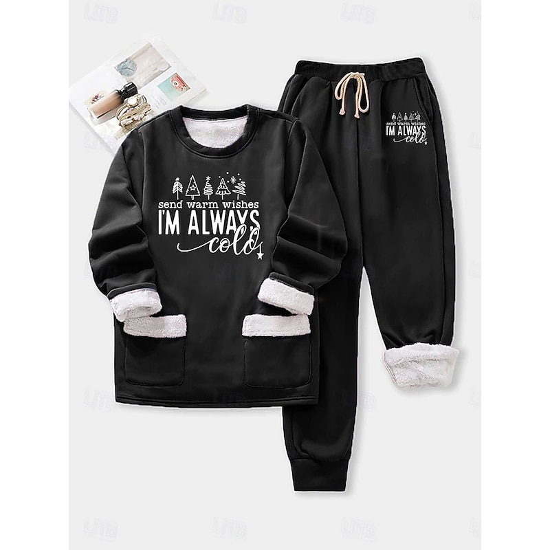 Women's Warm Daily Two Piece Sets Tracksuit Pants Sets Long Sleeve Crew Neck Graphic Letter Drawstring Print Casual Daily Black Blue Gray Fall Regular Fit3