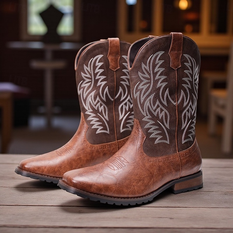 Men's Western Cowboy Boots - Classic Embroidered Mid-Calf Rodeo Style Footwear for Casual Ranch Wear and Country Outfits
