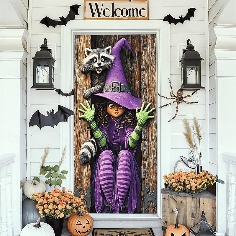 Halloween Door Cover Outdoor Banners Witch Psychedelic Dark Punk Gothic Style Party Outdoor Shooting Backgrounds Front Door Wall Porch Home Decor3