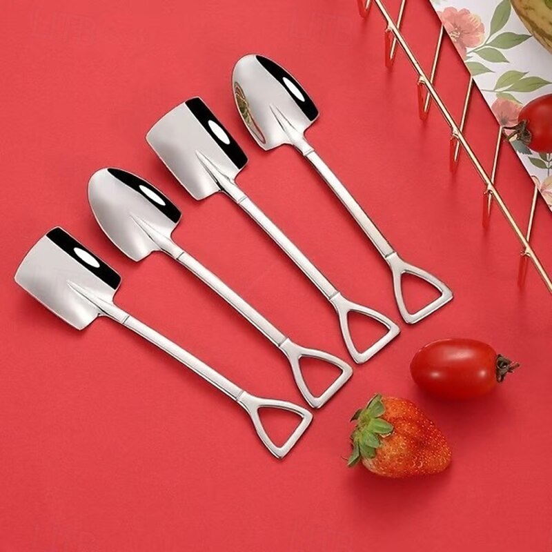 4pcs Stainless Steel Shovel Spoon, Creative Cute Mini Shovel Dessert Spoons, Household Stainless Steel Tableware for Watermelon, Ice Cream, Couples3