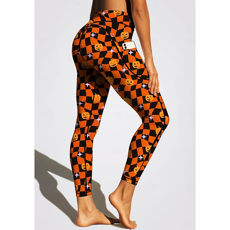 Women's pilates leggings fitness pants Gym Leggings Pockets Stamp Duty Side Pockets Pilates Gym Gym Workout Pants Tights Leggings Graphic Plaid Halloween Amethyst Orange Sports Activewear High