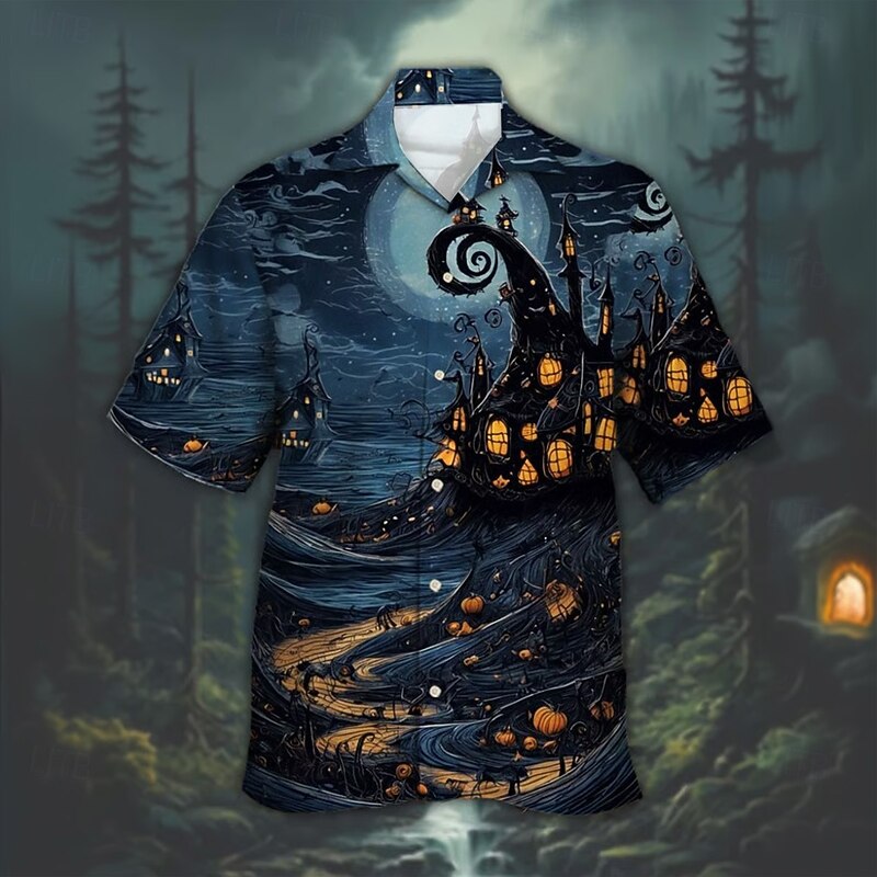 Halloween Men's Pumpkin Haunted House Halloween Costumes Shirt Cuban Collar Shirt Button Up Shirt Short Sleeve Dark Punk Gothic Style Holiday Streetwear Summer Camp Collar Shirt 3D Print Blue Green