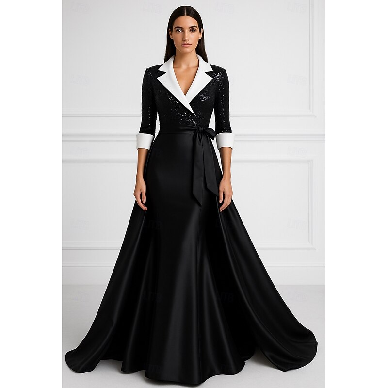 Tuxedo Dress A-Line Formal Wedding Wedding Guest Satin Glitter Elegant Glittering 3/4 Sleeve Pleated Floor Length Notched Lapels
