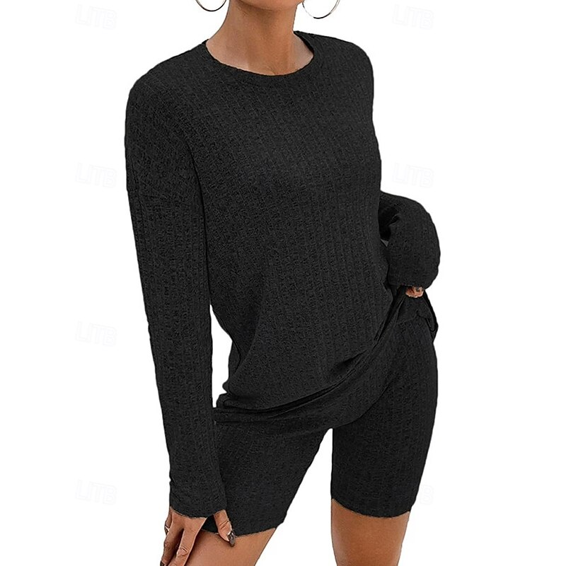 Women's Fashion Streetwear Shirt Shorts Sets Long Sleeve Crew Neck Plain Daily Wear Date Black Red Blue Fall Regular Fit4