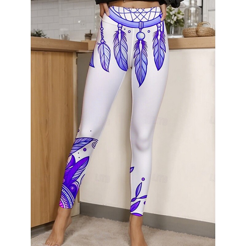 Women's Pants Trousers Leggings Cozy Leggings Streetwear Casual Full Length High Waist Feather Elastic Waist Print Breathability Comfortable Stretchy Vacation Street Daily Wear Dark purple Pink3