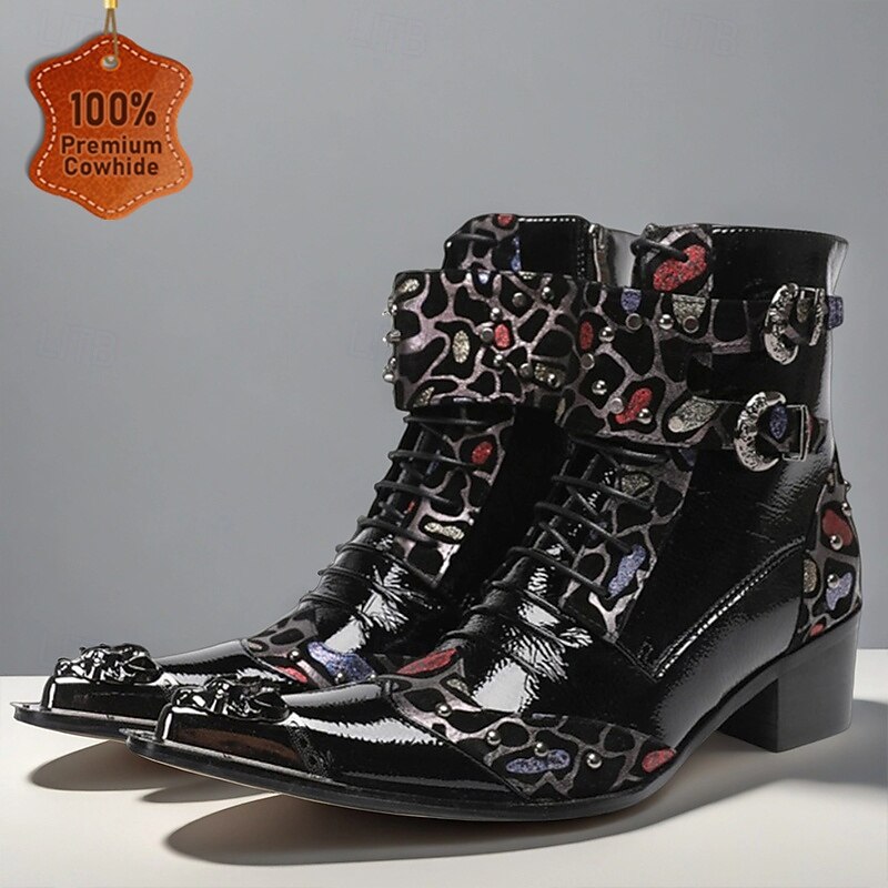 Men's Black Patent Leather Buckle Ankle Boots with Floral Pattern – Rock Gothic Style Party & Nightlife Fashion Shoes