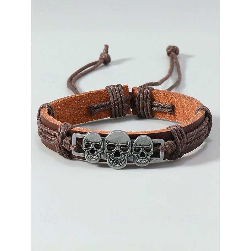 Men's Skull Faux Leather Bracelet – Adjustable Cord with 3 Skull Charms, Available in Black and Brown – Perfect for Halloween and Casual Wear3