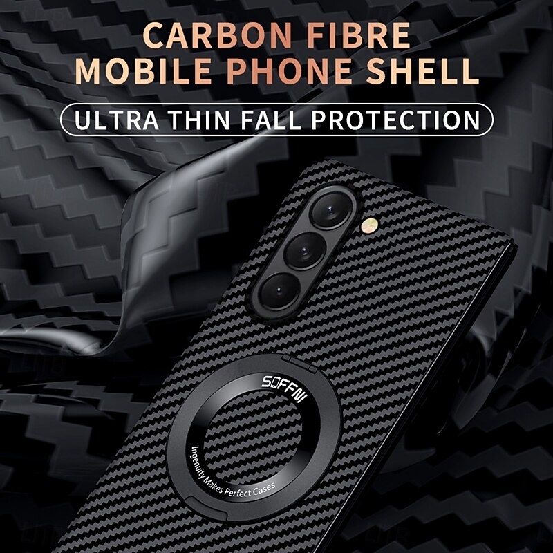Phone Case For Samsung Galaxy Z Fold 7 Z Fold 5 Z Fold 4 Back Cover Support Wireless Charging Ring Buckle Shockproof Retro Carbon Fiber4