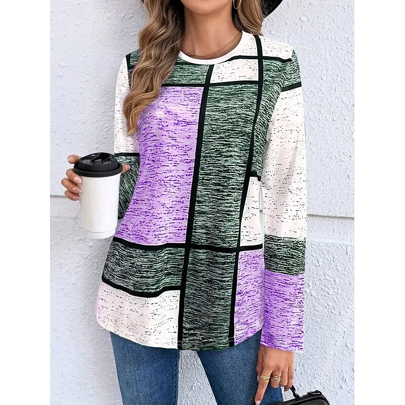 Women's T Shirt Graphic Geometric Vintage Stylish Classic Long Sleeve Crew Neck Round Neck Regular Tops Daily Print Pink Blue Purple Green Spring Fall4