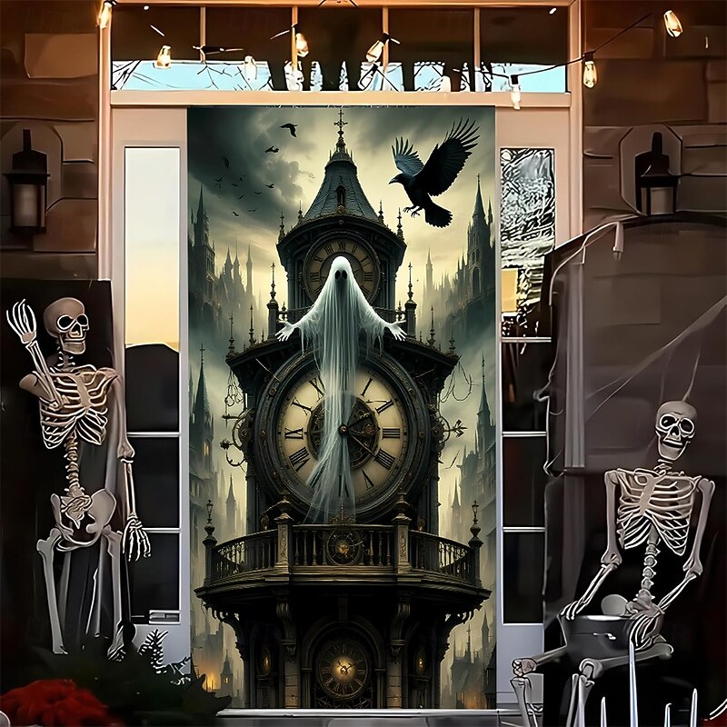 Halloween Door Cover Outdoor Banners Witch Banshee Psychedelic Dark Punk Gothic Style Party Outdoor Shooting Backgrounds Front Door Wall Porch Home Decor