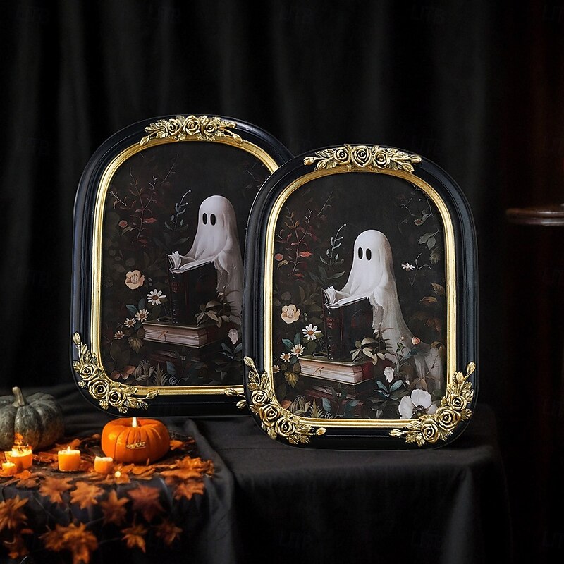 Halloween Resin Ghost Picture Frame – Arched Rose Design Tabletop Decor for Bedroom, Office, Bookshelf – Spooky Halloween Home Decoration & Photography Prop