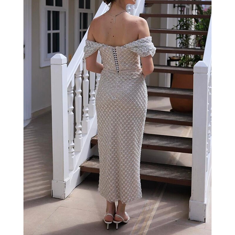 Beaded Lace Applique Sheath / Column Cocktail Dresses Detachable Sleeve Elegant Dress Formal Wedding Tea Length Sleeveless Off Shoulder Lace with Sequin 20253