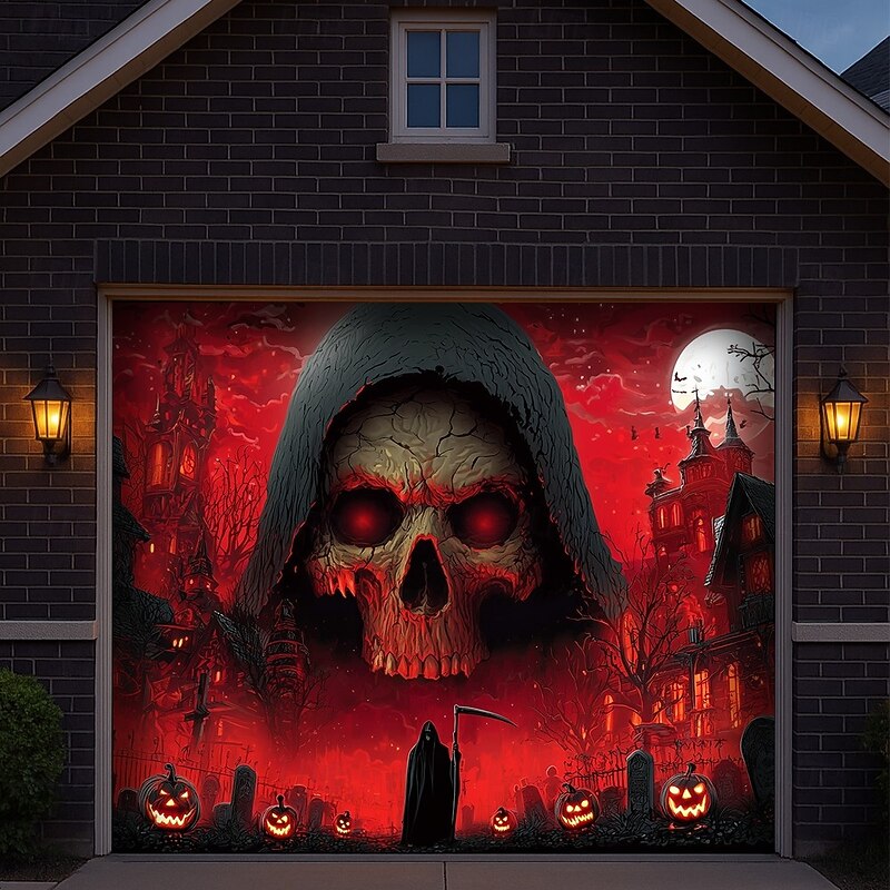 Halloween Garage Door Cover Grim Reaper Skull Banner Haunted House Cemetery Scene Horror Spooky Backdrop Tapestry for Outdoor Wall Fence Decoration4