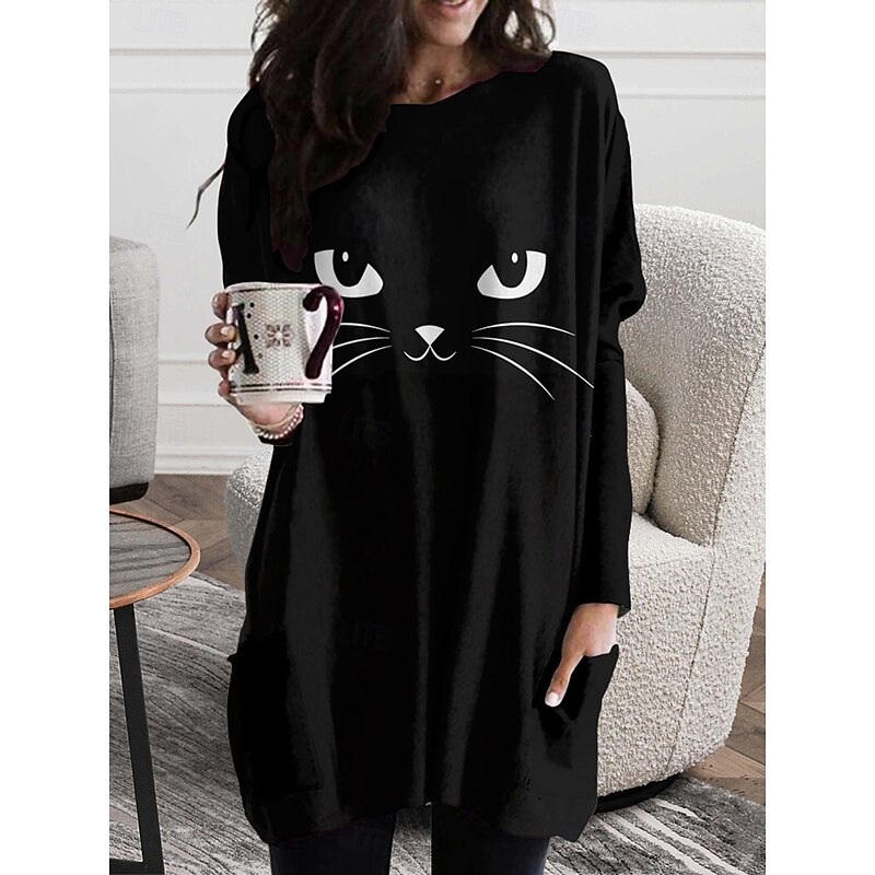 Halloween Women's T shirt Black Cat Graphic Fashion Long Sleeve Crew Neck Long Tops Daily Going out Weekend Pocket Print Black Blue Spring Fall