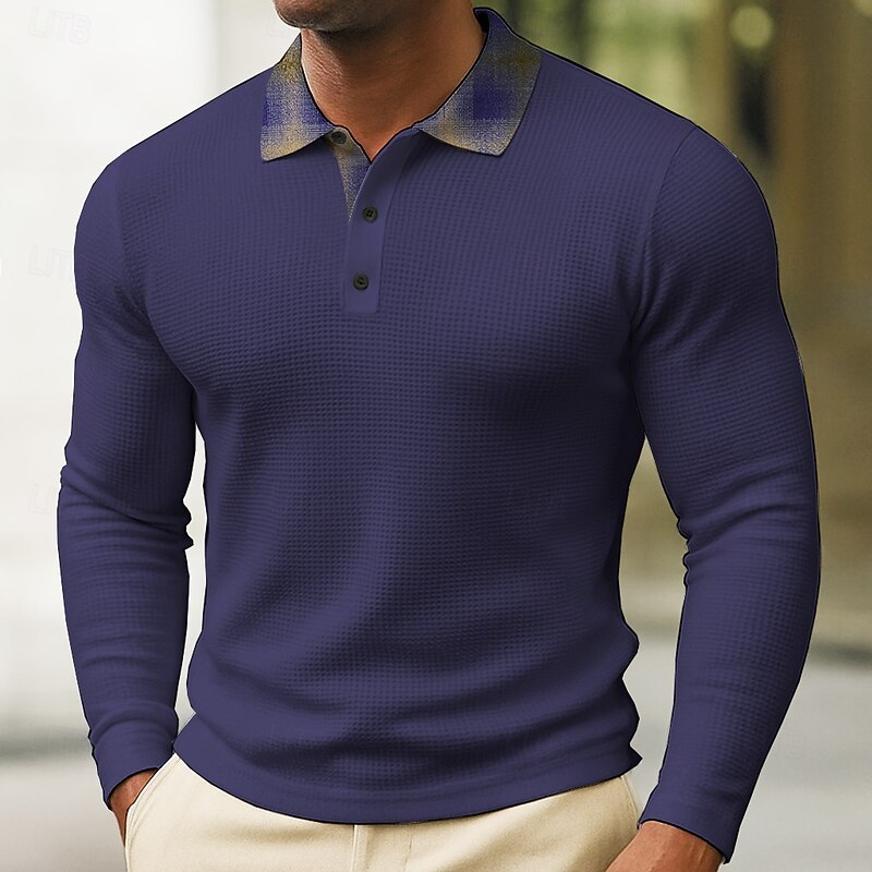 Halloween Men's Plain Waffle Polo Shirts Long Sleeve Polo Shirts Lapel Casual Daily Wear Buttons Summer Fall Light Green Navy Blue Orange3