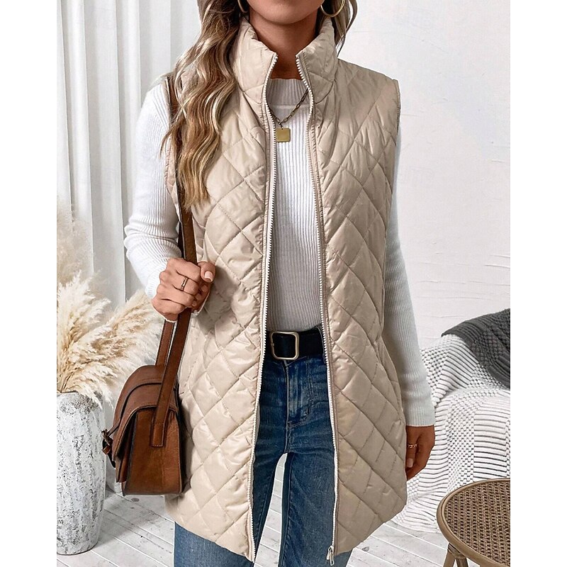 Women's Vest Warm Comfortable Zipper Pocket Outdoor Casual Plain Holiday Weekend Zipper Long Stand Collar Regular Fit Sleeveless Outerwear Black Apricot Winter3