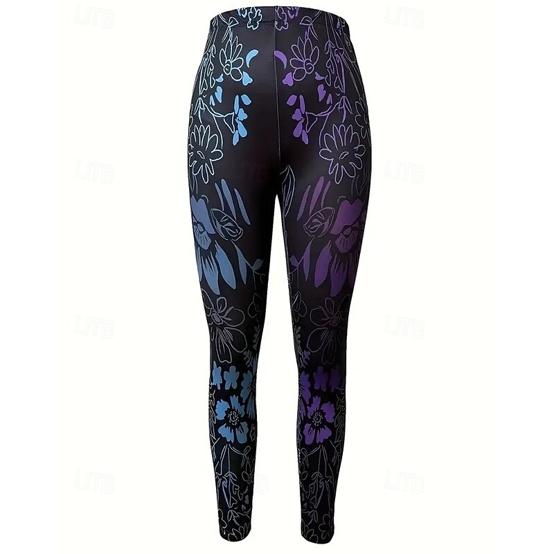 Women's Pants Trousers Leggings Cozy Leggings Streetwear Casual Full Length High Waist Floral Elastic Waist Print Breathability Comfortable Stretchy Vacation Street Daily Wear Blue Spring Fall2