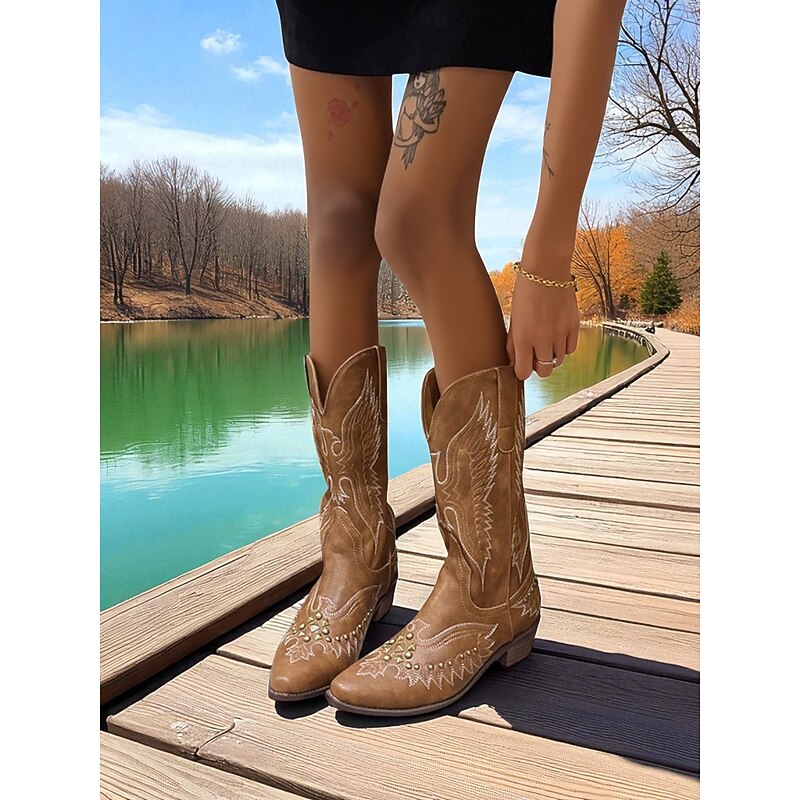 Women's Western Cowboy Boots with Embroidered Eagle Design and Studded Details Mid-Calf Retro Style Block Heel Boots for Urban Fashion Wear4