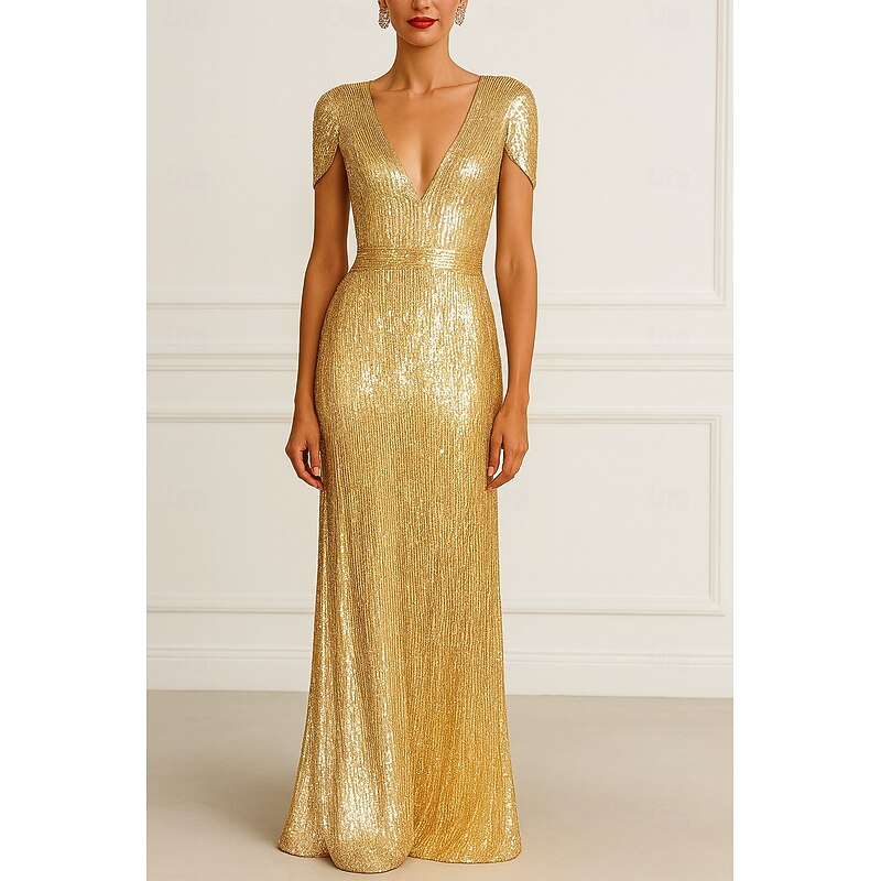 Gold Black Column Evening Gown Elegant Dress Formal Wedding Floor Length Short Sleeve V Neck Champagne Mother Of the Bride Dress Stretch Satin with Glitter Pleats 2025