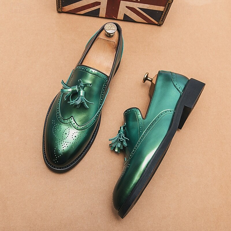 Men's Metallic Green Tassel Loafers – Fashionable Dress Shoes for Parties, Nightlife and Statement Streetwear Looks2