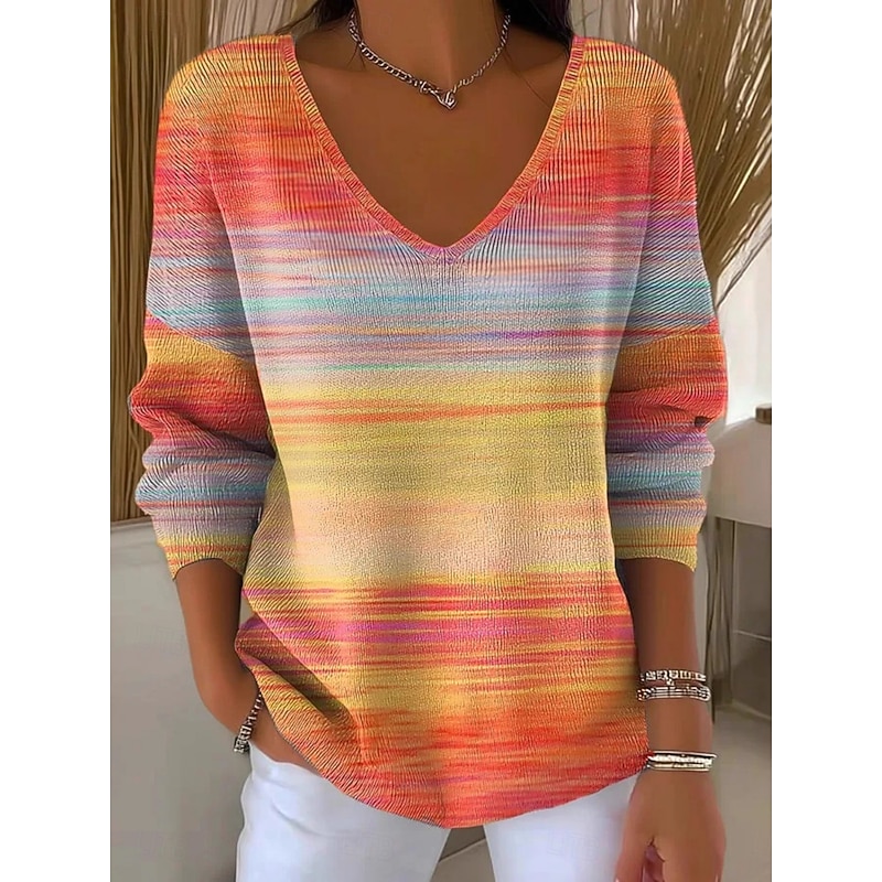 Women's Sweater Casual Soft Floral Striped Ribbed V Neck Knitted Long Sleeve Regular Tops Knit Outdoor Daily Weekend Purple Orange Spring Fall