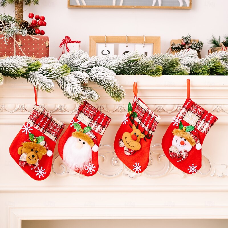 4Pcs Christmas Stockings,Bells, Snowflake Santa Claus Snowman Reindeer Gift Bags, Holiday Party Decoration Supplies