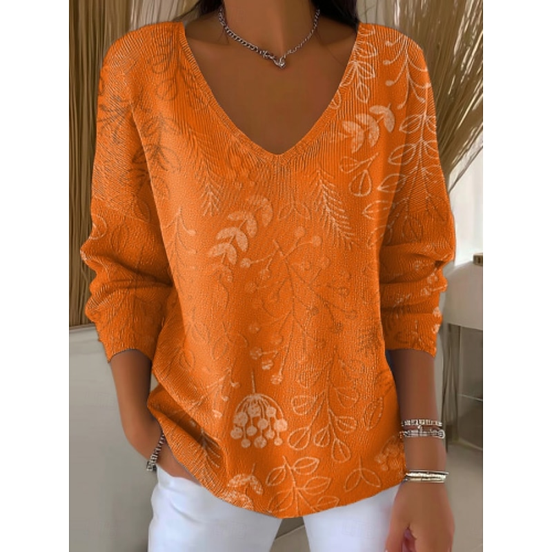 Women's Sweater Casual Soft Floral Ribbed V Neck Knitted Print Long Sleeve Regular Tops Knit Outdoor Daily Weekend Yellow Orange Fall Winter