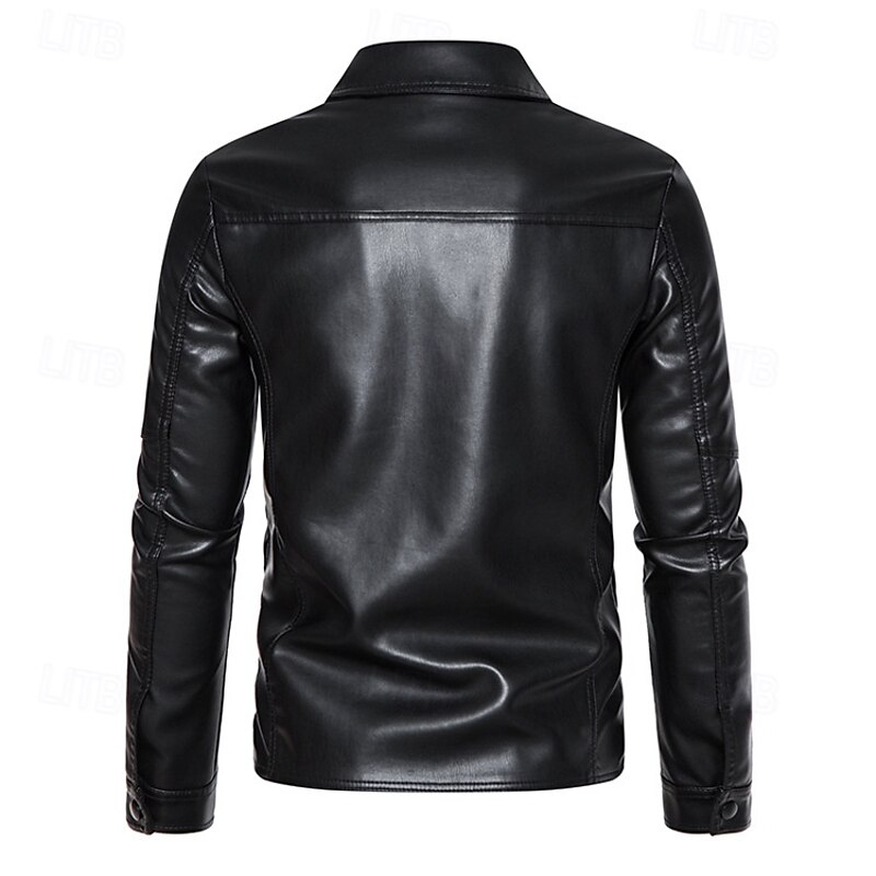 Men's Faux Leather Jacket Motorcycle Jacket Outdoor Casual Windbreaker Minimalist Fleece Collar Fall Winter Solid Color Punk Active Collar Regular Black Jacket2