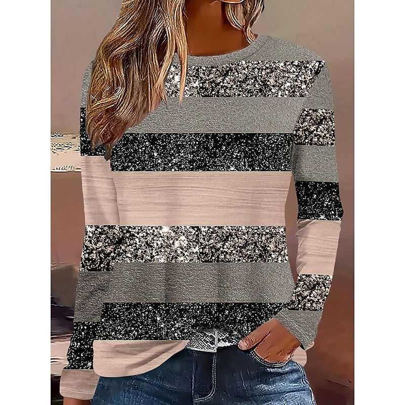 Women's T Shirt Graphic Geometric Striped Vintage Stylish Classic Long Sleeve Crew Neck Round Neck Regular Tops Daily Print Khaki Spring Fall Winter