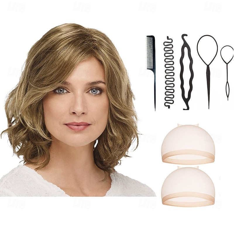 Fabulous Mid-Length Wig with Swept Bang and Tousled Curls / Multi-Tonal Shades of Blonde, Silver, Brown and Red With 2PCS HD Wig Cap and Hairdressing Tool Set