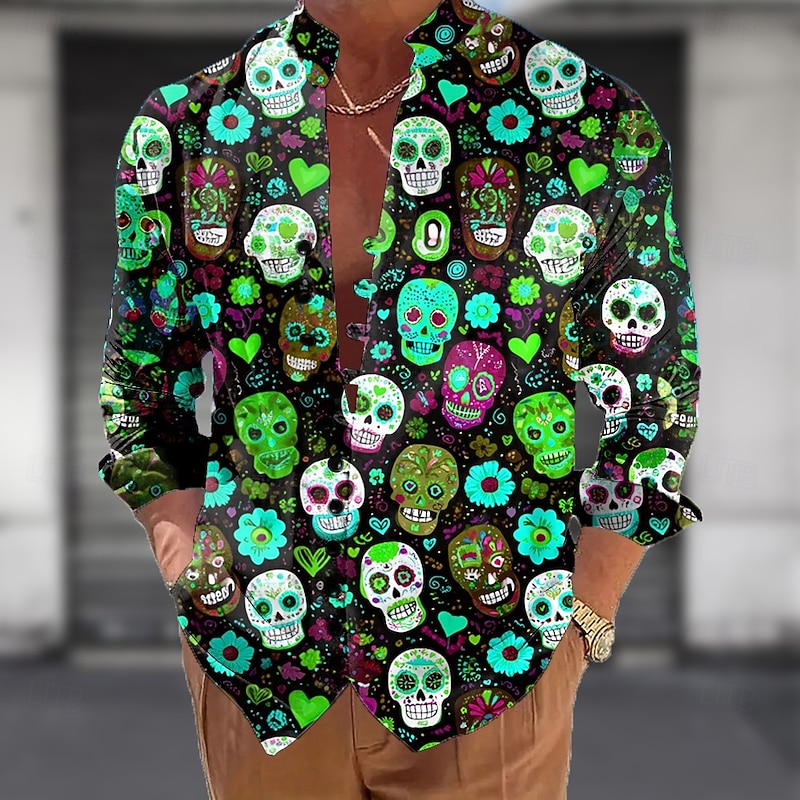 Men's Skull Day of the Dead Rose Shirt Stand Collar Shirt Long Sleeve Dark Gothic Style Outdoor Holiday Spring Fall Mandarin Collar Band Collar Button-Down Linen Like Shirt Blue Purple Green3
