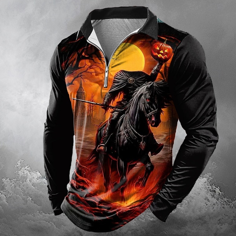 Halloween Men's Pumpkin Zip Polo Shirts Polo Shirts Lapel Casual Horror Dark Outdoor Festival Outfit 3D Print Spring Fall Winter Black Yellow Orange