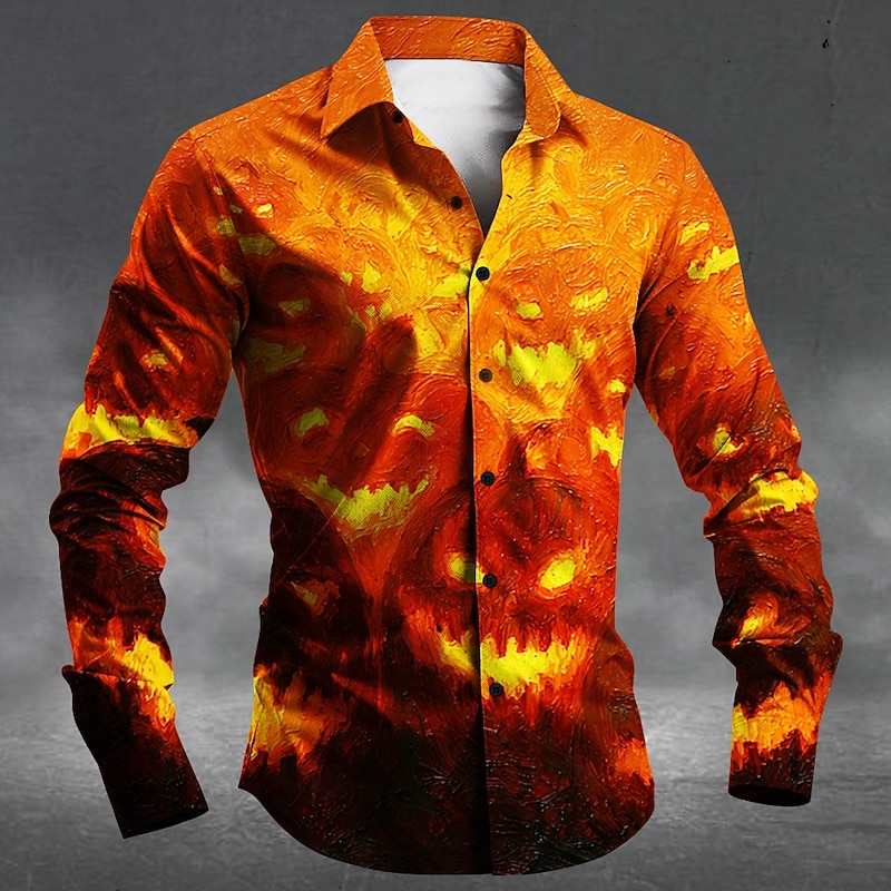 Halloween Men's Pumpkin Haunted House Jack-o'-lantern Shirt Button Up Shirt Long Sleeve Dark Punk Gothic Style Outdoor Holiday Summer Spring Turndown 3D Print Collared Shirts Blue Purple Orange