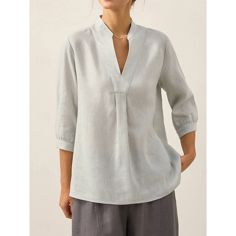 Women's Linen Shirts Plain Daily Modern 3/4 Length Sleeve V Neck Regular Tops Daily Holiday White Yellow Pink Khaki Light Grey Spring Fall2