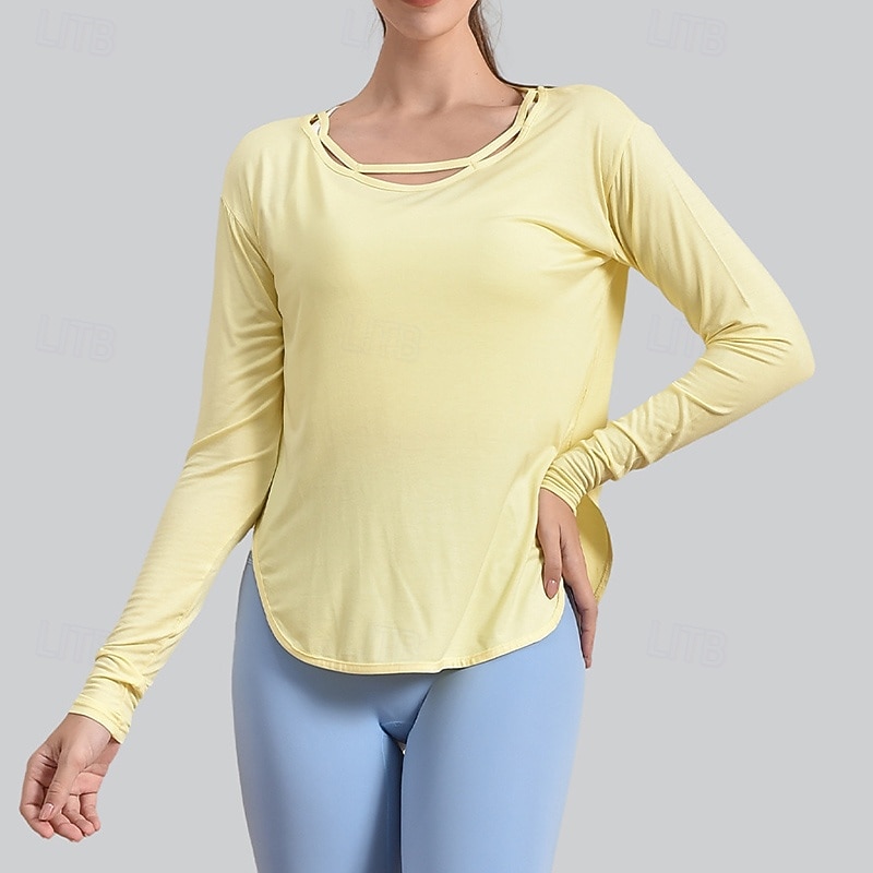 Women's Yoga Shirts Crew Neck Breathable Long Sleeve Sports Solid Color Top For Gym Running Fitness Activewear