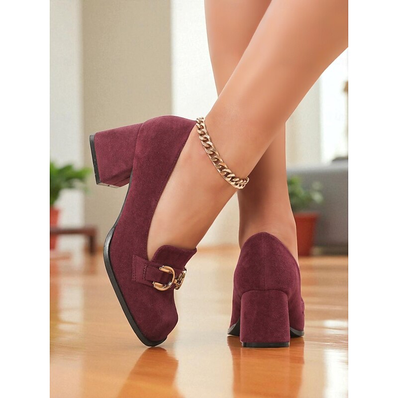 Women's Burgundy Suede Block Heel Loafers - Square Toe Slip-On Dress Shoes with Gold Horsebit Detail, Classic Retro Style for Office Wear, Business Outfits and Fall Winter Casual Occasions3