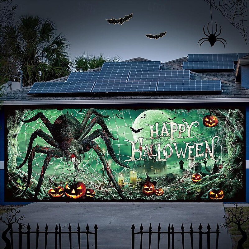 Halloween Garage Door Cover Large Hanging Backdrop Spider Dark Punk Gothic Style Party Outdoor Shooting Backgrounds Yard Haunted House Home Decor2