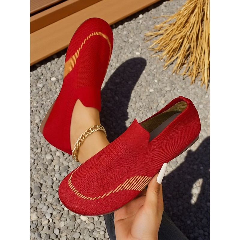 Women's Wide Fit Red Flyknit Slip-On Shoes – Breathable Lightweight Casual Loafers for Office, Travel and Daily Comfort