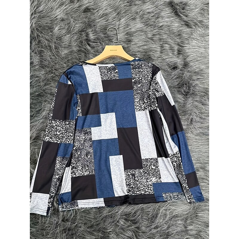 Women's T Shirt Graphic Geometric Color Block Vintage Stylish Classic Long Sleeve Crew Neck Round Neck Regular Tops Daily Print Navy Blue Spring Fall Winter3