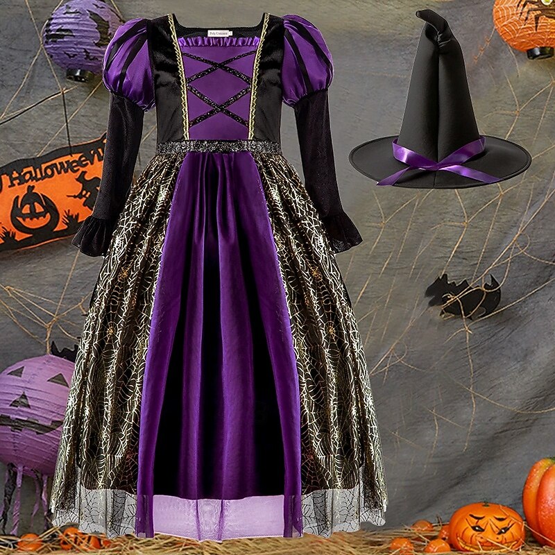 Girls' 3D Multi Color Party Dress Long Sleeve Summer Spring Performance Party Costume Halloween Custome Kids 4-12 Years Vintage Dress Party Dress Swing Dress Maxi Polyester Regular Fit