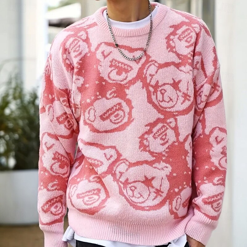 Men's Cartoon Bear Pullover Sweater Jumper Knitwear Crewneck Casual Vacation Home Daily 3D Print Knitting Keep Warm Long Sleeve Spring Fall Winter Pink2
