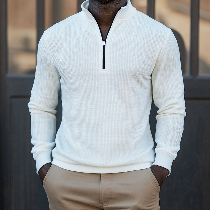 Men's Waffle Polo Shirts Zip Polo Sports Outdoor Casual Standing Collar Quarter Zip Long Sleeve Fashion Modern Solid Color Knitted Fall Spring &  Fall Regular Fit Black White Blue Gray Waffle Polo2
