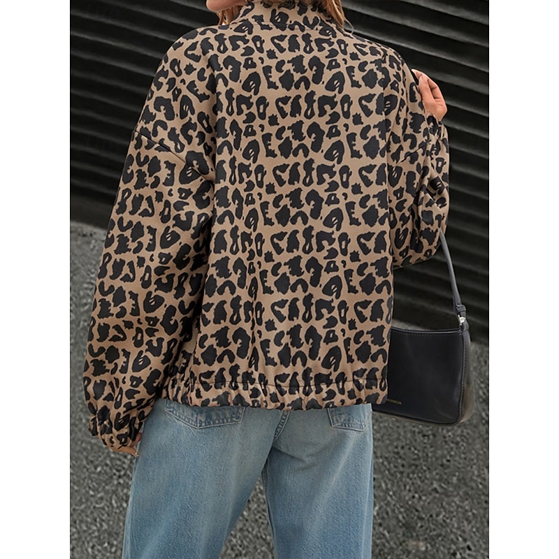 Women's Casual Jacket Comfortable Breathable Pocket Print Vintage Casual Leopard Vacation Street Casual Daily Wear Zipper Regular Stand Collar Regular Fit Long Sleeve Outerwear Brown Spring Fall2