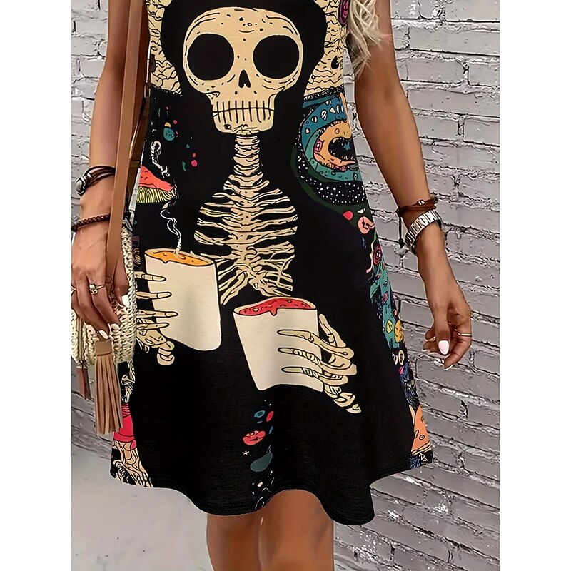 Halloween Women's Knee Length Dress Casual Dress A Line Dress Vintage Stylish Casual Home Party Beach Regular Fit Graphic Skull Sleeveless U Neck Scoop Neck Black Summer Spring Fall4