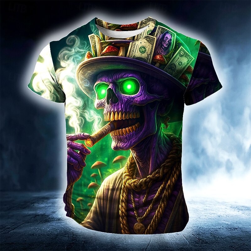 Halloween Men's Skull 3D T Shirt Short Sleeve T shirt 3D Print Crew Neck Shirt Exaggerated Designer Horror Party Street Holiday Green 1# Green 2# Summer Spring All Seasons Clothing Apparel S M L XL
